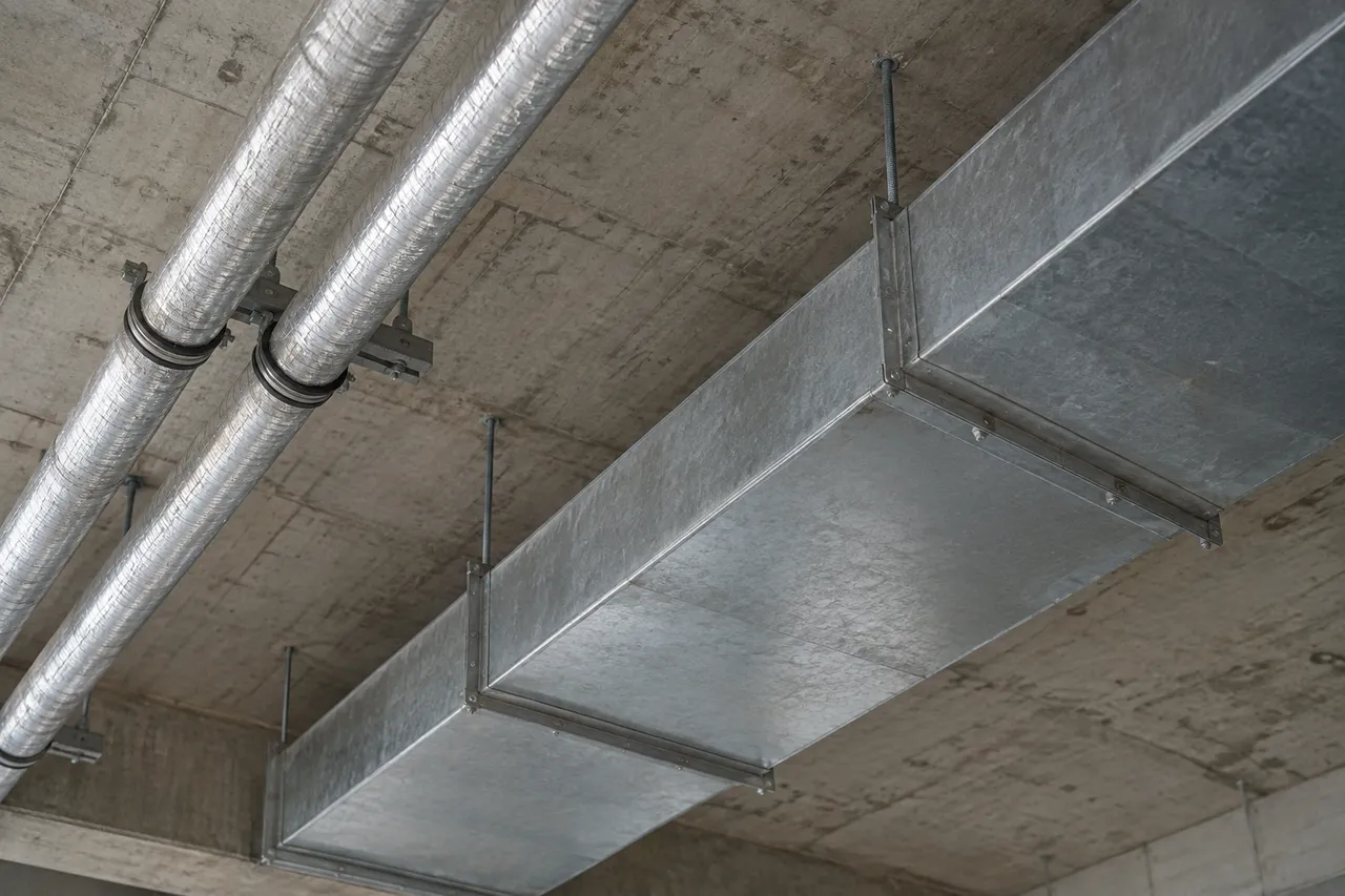 Illustrative galvanised duct and insulated pipework suspended beneath a concrete soffit