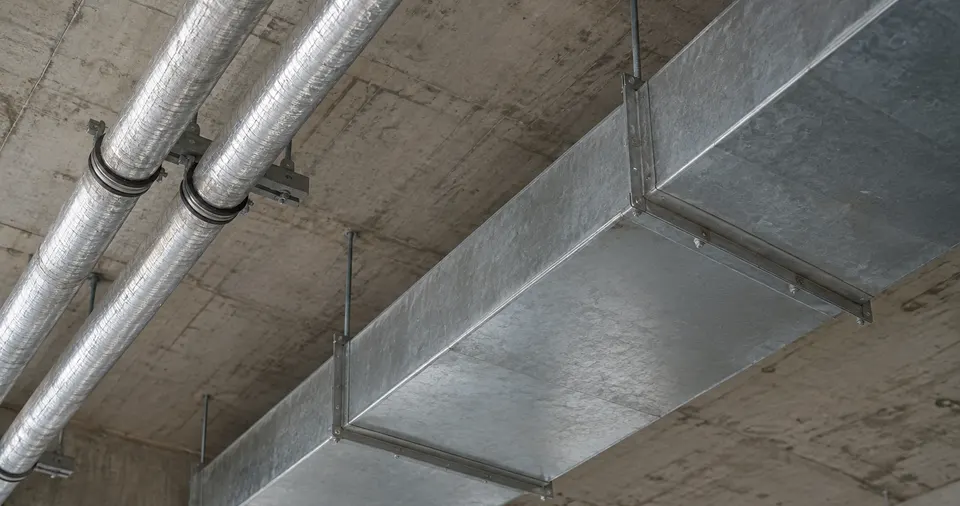 Illustrative galvanised duct and insulated pipework suspended beneath a concrete soffit