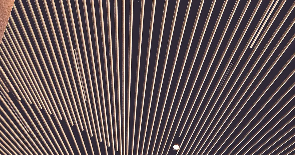 Curved timber battens continuing from an interior wall across the ceiling